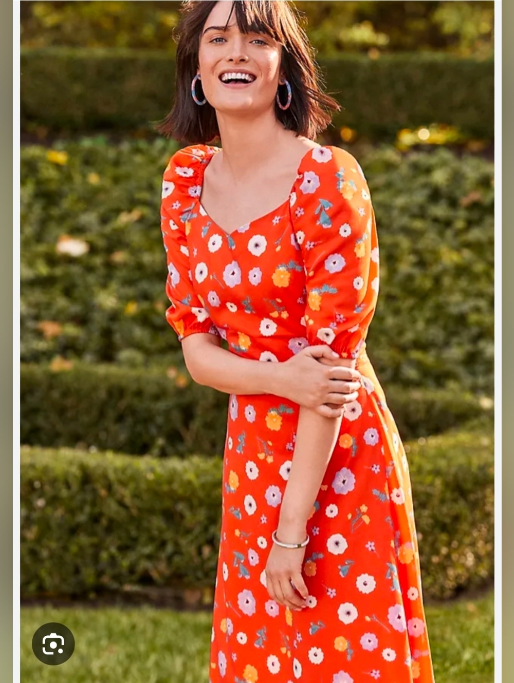 Ann Taylor Orange Floral Puff-Sleeve Midi Dress - Size 16